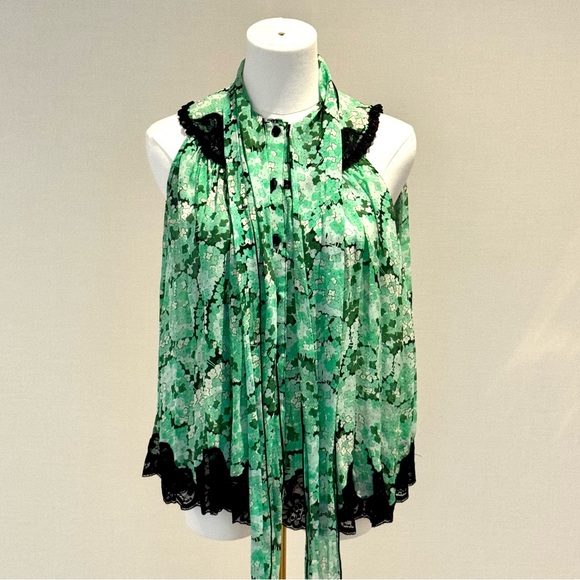Anna Sui Silk Green Floral Sleeveless Blouse Size S